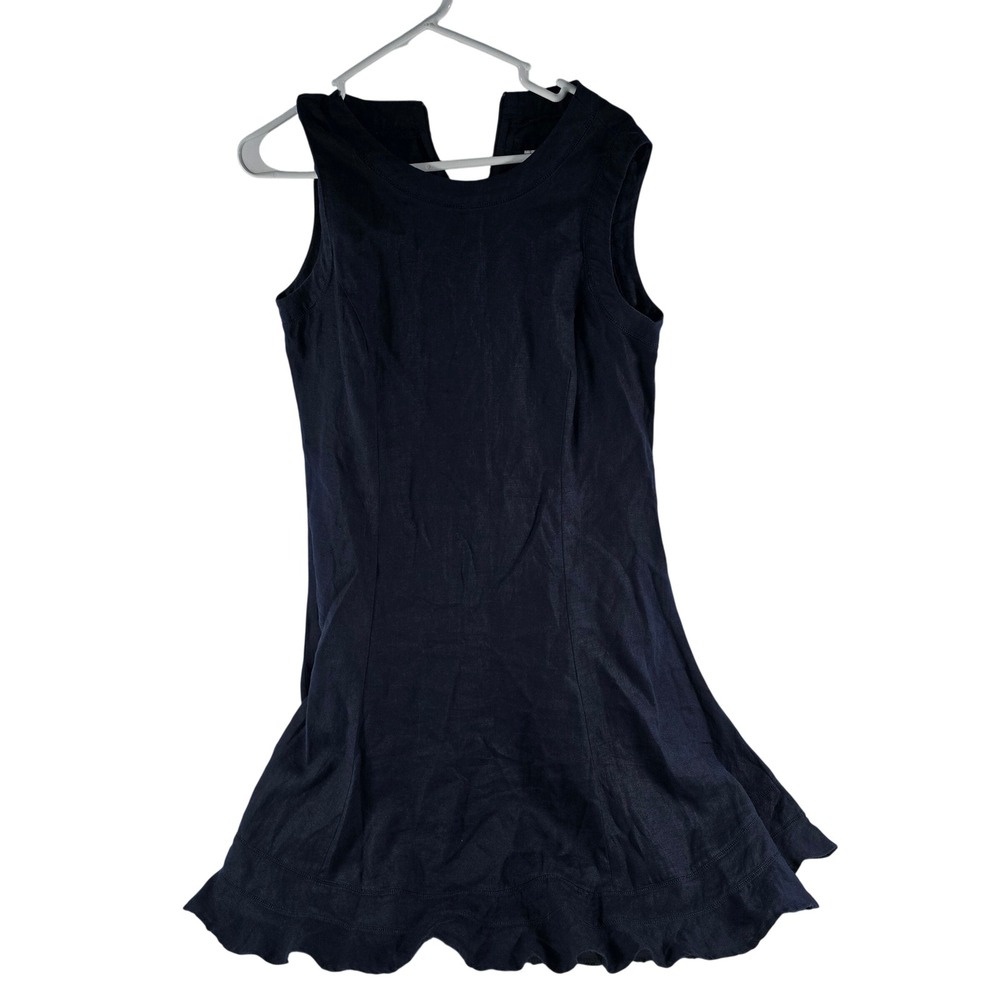 Malvin Hamburg Germany Navy Blue 100% Linen Sleeveless Ruffle Hem Dress Size 8